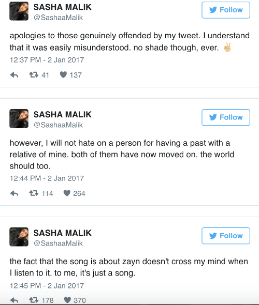 sasha malik tweets zayn