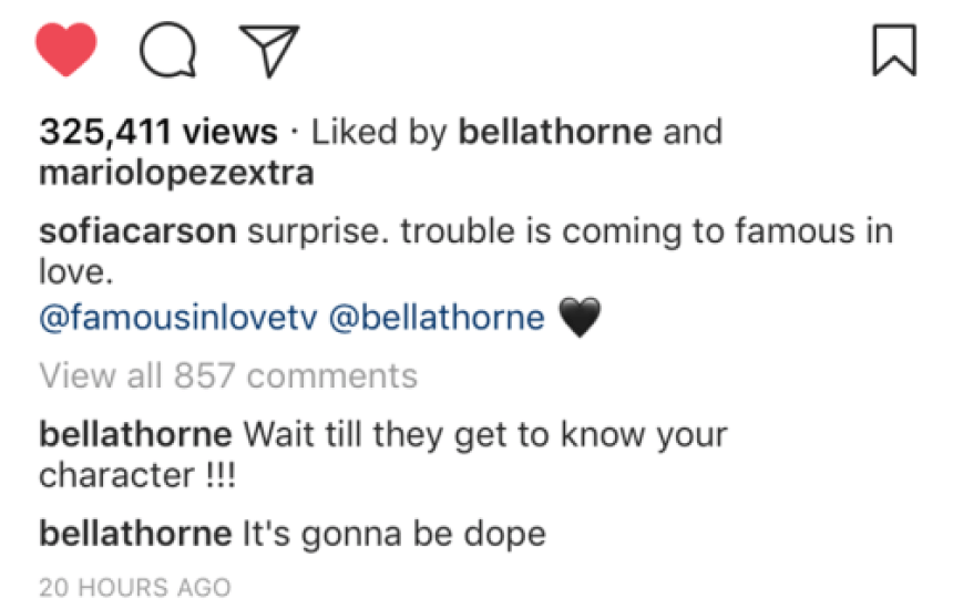 bella thorne sofia carson instagram comment