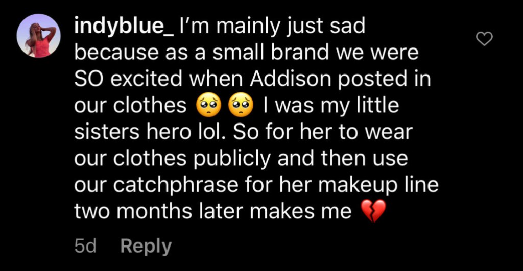 Influencer Indy Blue Responds After Fans Notice Addison Rae Used Her Trademarked Slogan: 'It Makes
